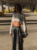 2021 Satin Long Sleeve Crop Top Women White Autumn Winter Sexy Diamond Elegant T Shirts Fashion 90s Vintage Casual O