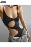 Asymmetrical Fashion Skinny Spaghetti Strap Sexy Bodysuit for Women Ring Metal Cut Out One Piece Body Party