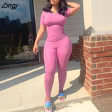 Summer Streetwear 2 Two Piece Sets Women Outfits Tracksuits Female Black O Neck Short Sleeve Tops Bodycon Long Pants