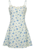 y2k Small Floral Mini Dress Lace Button A-Line Sundress Cute Sweet Spaghetti Strap Pleated Dress Women Beach