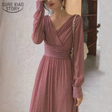 V Neck Long Maxi Dresses Women 2021 Solid High Waist Puff Sleeve Elegant Dress Sequin Party Dress Sexy Robe Femme