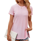 Zingj 2024 New Round Collar Solid Color Slit Short-Sleeve Loose T-Shirt Top-Outfit