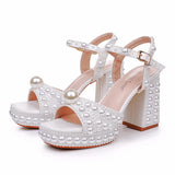 Cm Thick Heel Fish Mouth Waterproof Table Sandals Round Head Square Thick Heel Sandals White Pearl Wedding