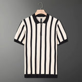 Summer Short-Sleeved Men's Korean Version Of Retro Striped Personality Zipper Half-Sleeved Knitted Shirt Casual T-Shirt Man's