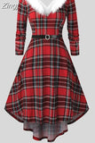 Women Christmas Dress Elegant Puff Long Sleeve Faux Fur Collar Midi Party Costume Xmas New Year Festival