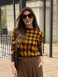 Brown N Yellow Diamond Printed Sweater- Outfit