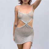 Collar Fashion Women's Sexy Sling Skirt Hollow Knitted Dress Short Solid-Color Bag Hip Beach Dress