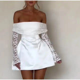 Lace Off-shoulder Patchwork Solid Mini Dress- Outfit