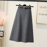 Stripe Autumn Winter High Waist Woolen Skirt With Belt Women High Waist Lady Fashion Casual Streetwear A-Line Midi