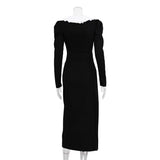 Zingj New Autumn And Winter Women's Trend Black And White Color Slit Skirt Doll Collar Long Sleeve French Dress-Outfit