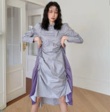 Gradient Purple High Fashion Ruched Dress Long Sleeve Cut Out A Line Long Midi Puff Sleeve Dress Autumn Clothes