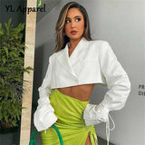 Women 2022 Flare Sleeve Short Blazers Sexy Female Double Breasted Cropped Top Casual Bandage Coats Jacket White Red