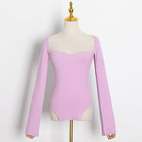 Fashion Women's Sweater Square Collar Waist Long Sleeve Irregular Pink Bottom Knitted Pullovers Spring 2023 New