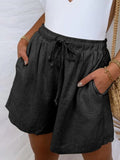 New Summer Cotton Linen Solid Color Loose Women's Shorts Fashion High Waist Casual Pocket Elastic Waist Lace Ladies