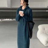 Vintage Long Dress Women Korean Fashion Hooded Design Knitted Dress Winter Warm Office Lady Occasion Sweater Dress