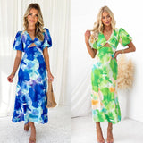 Zingj Years New Bubble Sleeve Long Dress Sexy Print V-Neck Hollow Out Women's Wear