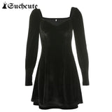 SUCHCUTE Gothic Clothes Long Sleeve Mini Dress For Women 2021 Spring Party Clubwear Velvet Dresses Harajuku Elegant