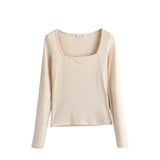 Sexy Square Collar Slim T-shirts Woman Knitwear Tops Solid Color Long Sleeve Skinny