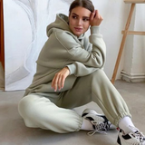 Hooded Sweatshirt and High Waist Trouser Suits Fashion Autumn Winter Solid Loose 2 Piece Female Set Tracksuit Black