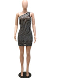 Sexy Black Rhinestone Crystal Mesh Slim Mini Dress Womens Sleeveless One Shoulder Birthday Clubwear Dresses