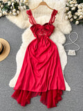 Lace Sexy Camis Party Dress Summer Women Hollow Out Spliced Mesh Irregular Fashion Backless Slim Long Evening