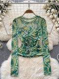 Europe Long sleeved Mesh Sheer T-shirt Fashion Skinny Temperament Office Lady Blouse O Neck Pleated Tie Dye Print