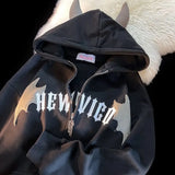 Devil Embroidery Hoodies Women Japanese Sweet Streetwear Cartoon Loose Sweatshirt Couple Zip Up Hoodie Goth Y2k