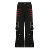 Emo Punk Lace Up Baggy Jeans Women 90S Goth Black Pants Streetwear Pockets Patchwork Wide Leg Cargo Jeans Low Waist