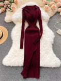 Women Korean Knitted Dress Long Sleeve V Neck Elastic Slim Pencil Dresses 2023 Autumn Sexy Bodycon Split Sweater