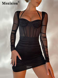 Mesh Halterneck Dress Women Summer Sexy Long Sleeve Elegant Streetwear High Waist Fishbone Bodycon Mini Dress
