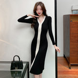Zingj And Winter V-Neck Collision Color Sweater Skirt Over Knee Waist Slim To Show Thin French Slit Knitted Skirt Women's Medium And Long