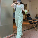 Green Denim Overalls Pant for Women Y2k Streetwear Baggy Pocket Jeans Straight Bib Denim Rompers Trousers Korean