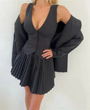 Solid V-neck Vest And Pleated Mini Skirt Set-Outfit