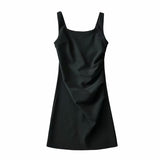 Zingj New Pleated Vest Dress Summer Women's Solid Color Square Collar Sleeveless Hip