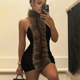 2025 Autumn New Women's Sexy Hanging Neck Hairy Neck Stitching Bump Color Bag Hip