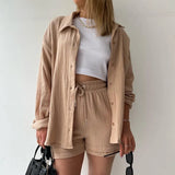 Women's Wrinkle Collar Long-Sleeved Shirt High-Waisted Rope Shorts Fashion Casual Two-Piece