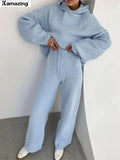 Women Fashion Knitted Trousers Two Piece Set Casual Hooded Long Sleeve Sweatshirt & Pants Set 2022 Winter Female