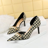 Zingj Korean Version With High Heel Shallow Mouth Pointed Head Side Hollow Cloth Plaid Grain Pearl Metal Chain Thousand Bird Case Single