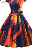 Print Halloween Women 2023 Summer O Neck Short Sleeve Party Robe Femme Elegant Vintage