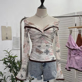 Vintage Oil Painting Print Collar A Word Twisted Folded Short-Sleeved Trumpet Blouse