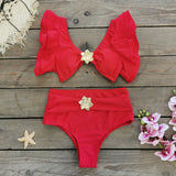 Solid-Color High-Waisted Bikini 2025 New Split Swimsuit Female Lotus Edge Bikini Export