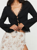 Women Long Sleeve Shirts Crop Tops Lace Trim Front Tie-up Casual Cardigans Club Streetwear Aesthetic Blouses 2024