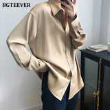 New Chic Women Satin Shirts Long Sleeve Solid Turn Down Collar Elegant Office Ladies Workwear Blouses