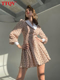 Fashion Print Women'S Dress 2022 Elegant Slim Lapel Lantern Sleeve Office Lady Mini Dresses Vintage Classic Female
