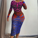 Women Autumn Long Sleeve Printed Mesh See Through Bodycon Dress 2021 Fall Female Clothing Streetwear Wholesale