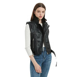 Women's New Solid Color Slim Short Locomotive Vest Lapel Belt Zip Commuter Pu Leather