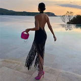 Black Backless Dress Woman Fringed Halter Sexy Party Dress Women Summer Off Shoulder Midi Dresses Evening Dresses For