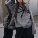 Zingj New 2024 Korean Version Of The Versatile Design Bow Knit Loose Soft Waxy Round Collar Sweater-Outfit