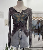 Real Shooting Pure Sexful V-Neck Umbilly T-Shirt Female Hairy Denim Butterfly Embroidered Mesh Yarn Long Sleeve Top