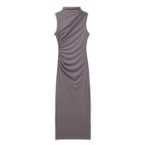 Women's Clothing 2025 Spring New Sleeveless Wrinkles Decorated Semi-High Collar Net Fan Flute